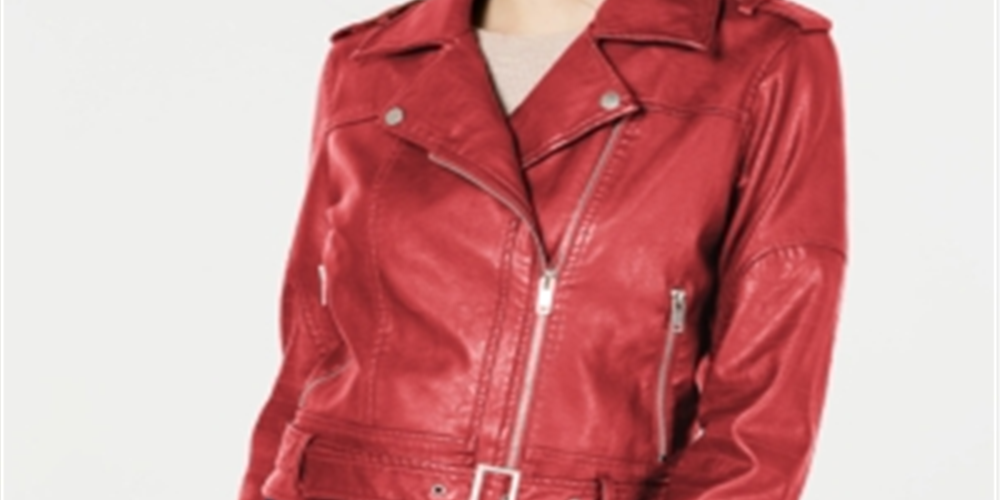 Collection B Junior's Faux Leather Belted Moto Jacket Red Size Small