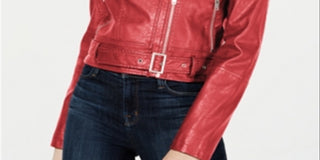 Collection B Junior's Faux Leather Belted Moto Jacket Red Size Small