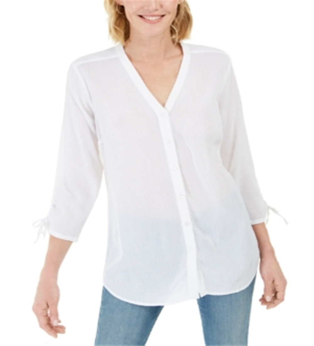 Charter Club Women's Gauzy Tie Sleeve Blouse White Size Small