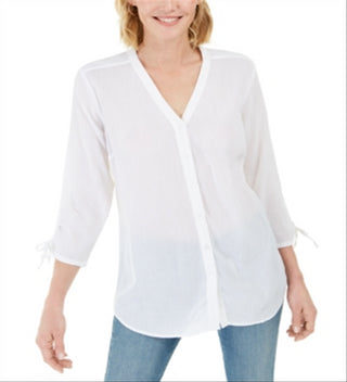 Charter Club Women's Gauzy Tie Sleeve Blouse White Size Small