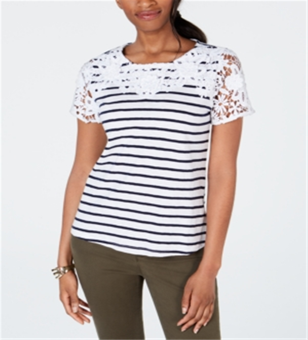 Charter Club Women's Cotton Crochet Striped Top White /Pink Size Small