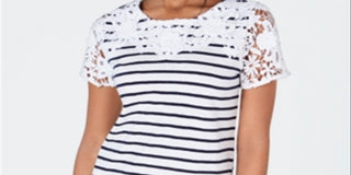 Charter Club Women's Cotton Crochet Striped Top White /Pink Size Small