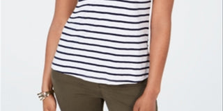 Charter Club Women's Cotton Crochet Striped Top White /Pink Size Small