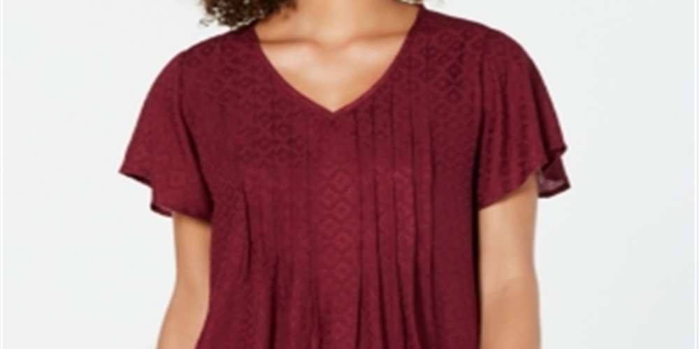 Style & Co Women's Textured Flutter Sleeve Top Winestone Size Petite S