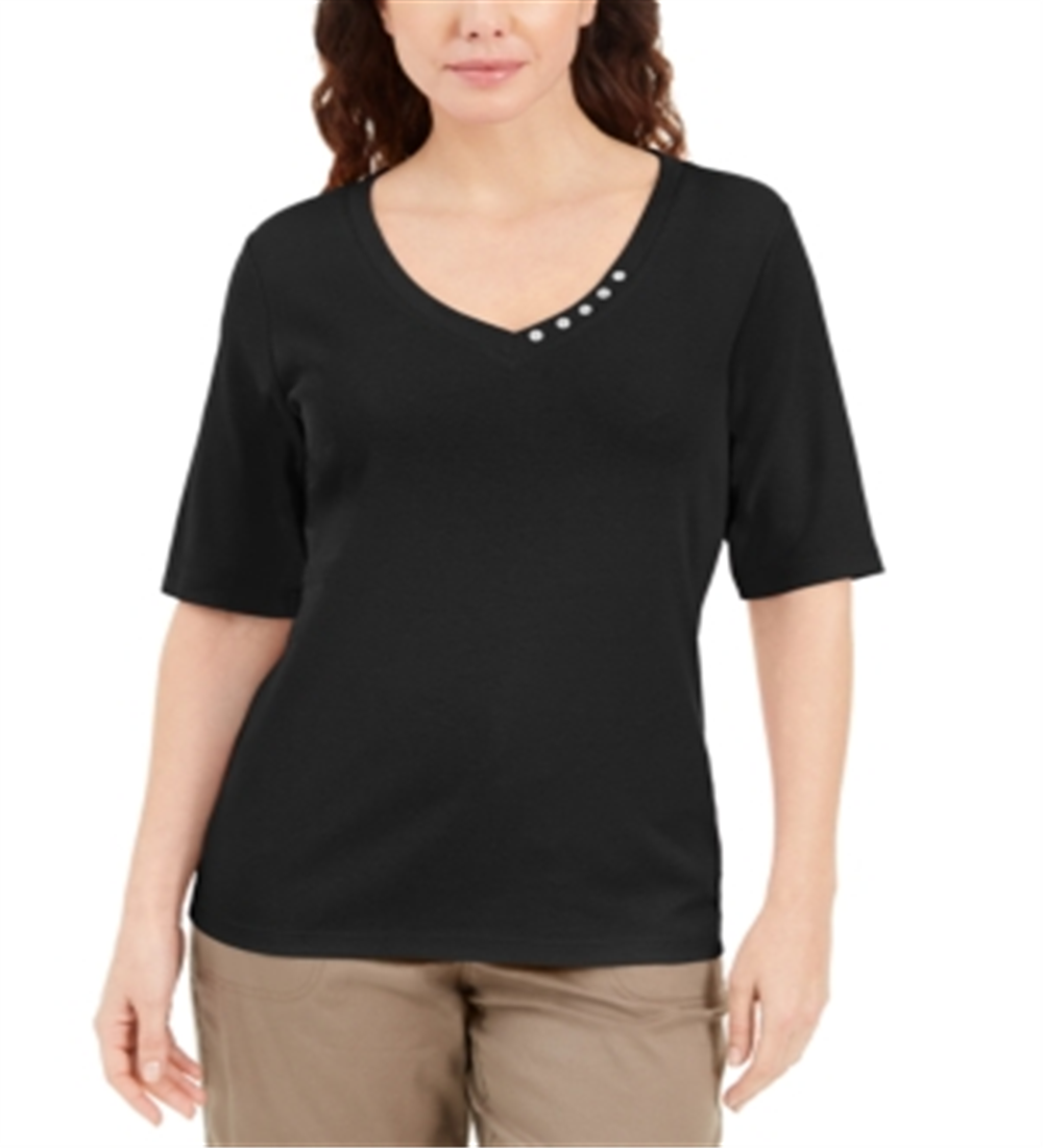 Karen Scott Women's Button Detail V Neck Top Black Size Medium