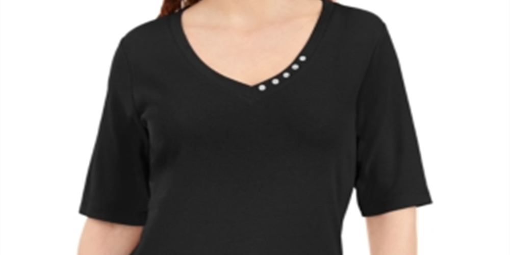 Karen Scott Women's Button Detail V Neck Top Black Size Medium