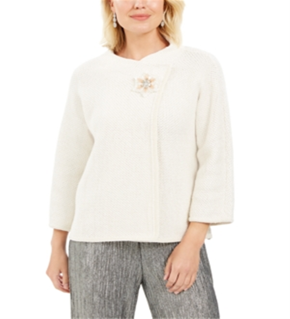 JM Collection Women's Holiday Party Metallic Textured Brooch Sweater Jacket White Size -S