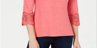 Charter Club Women's Cotton Lace Trim Top Pink Size Petite Small