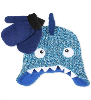 Fab Toddler Knit Shark Hat & Colorblocked Mittens Set Blue One Size