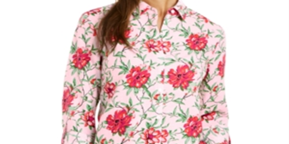 Charter Club Women's Linen Blend Printed Tab Sleeve Shirt Pink Size Small