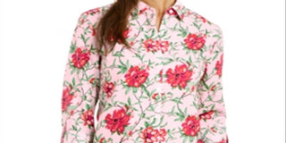 Charter Club Women's Linen Blend Printed Tab Sleeve Shirt Pink Size Small
