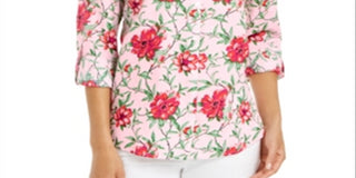 Charter Club Women's Linen Blend Printed Tab Sleeve Shirt Pink Size Small