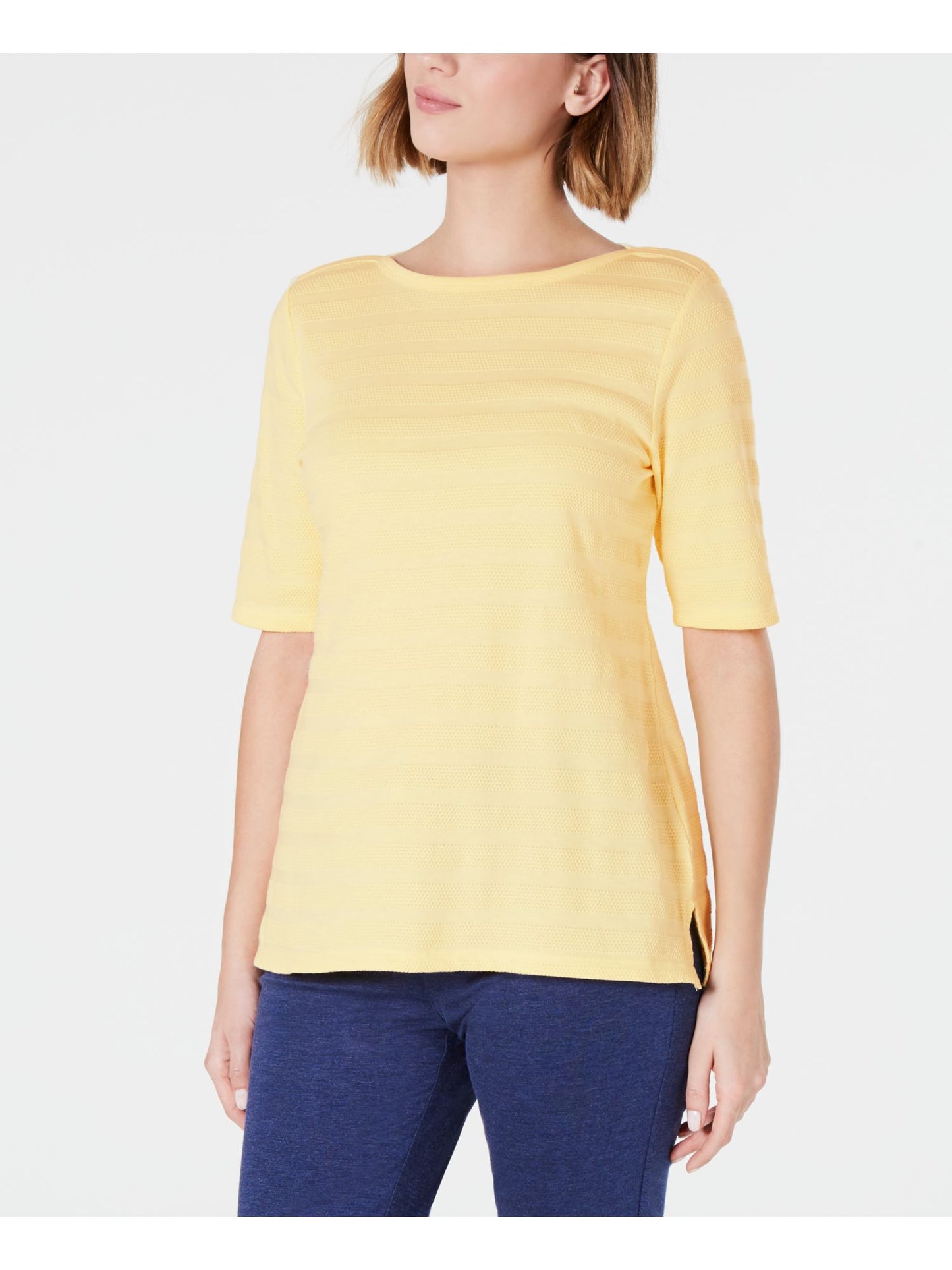 Charter Club Women's Cotton Texture Striped Elbow Sleeve Top Yellow Size Medium