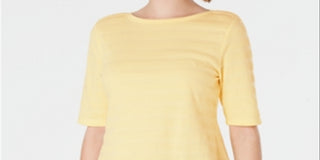 Charter Club Women's Cotton Texture Striped Elbow Sleeve Top Yellow Size Medium