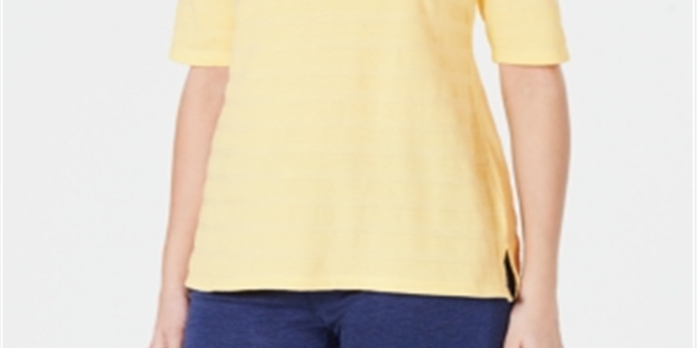 Charter Club Women's Cotton Texture Striped Elbow Sleeve Top Yellow Size Medium