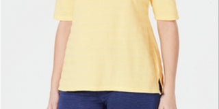 Charter Club Women's Cotton Texture Striped Elbow Sleeve Top Yellow Size Medium