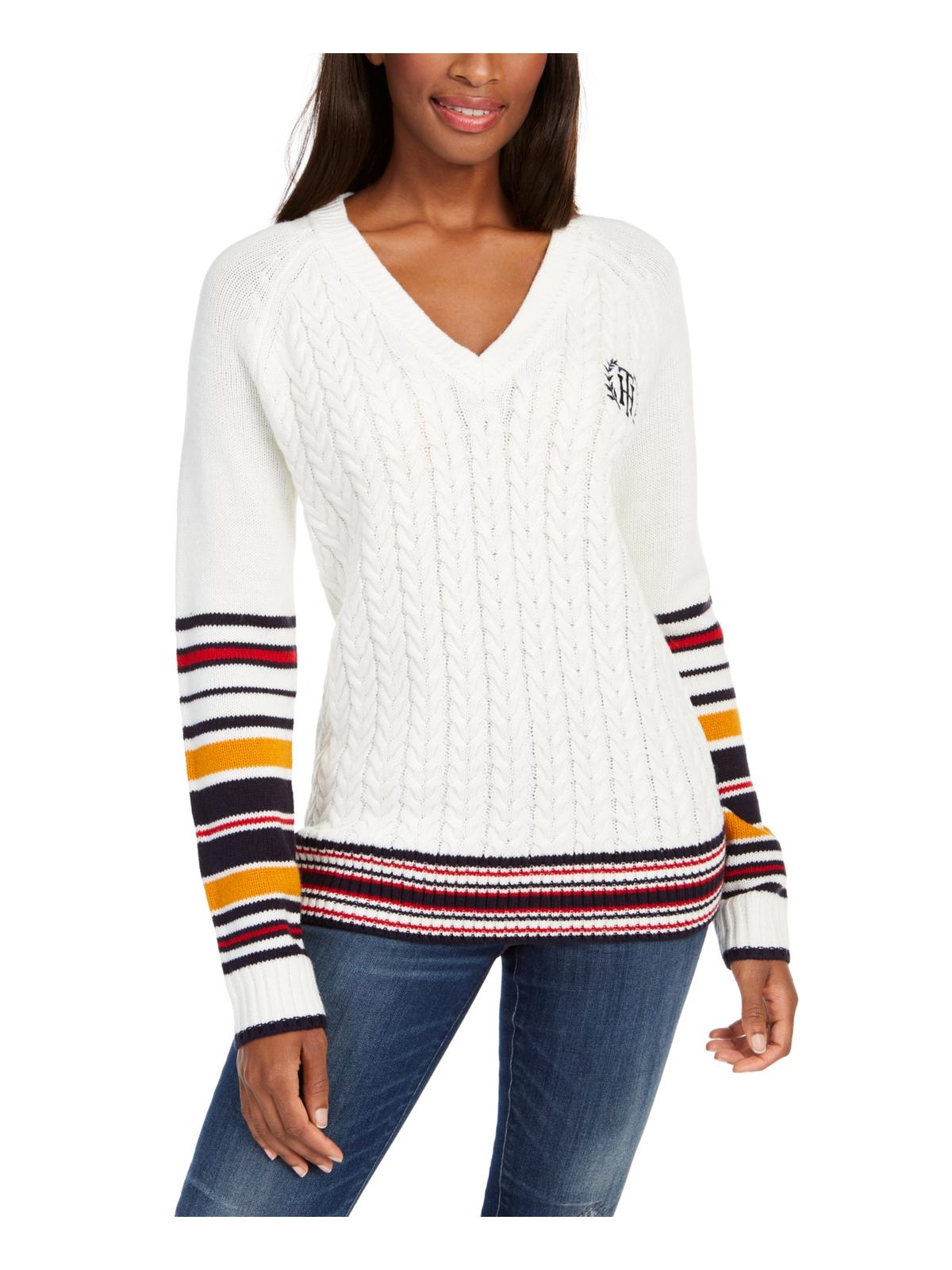 Tommy Hilfiger Women's Contrast Trim Embroidered Logo Pullover Sweater White Size X-Small