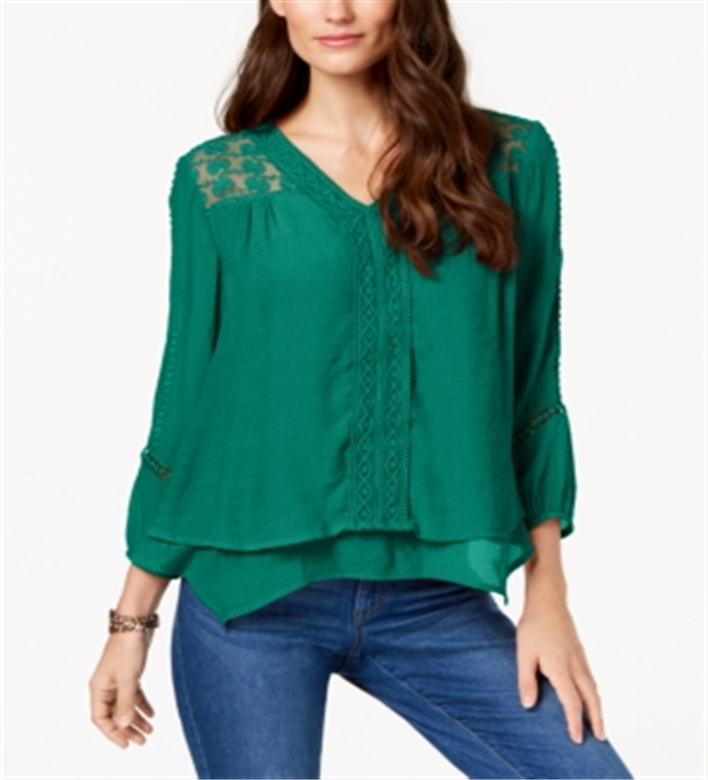 Style & Co Women's Layered Hem Crochet Woven Top Green Size Petite M