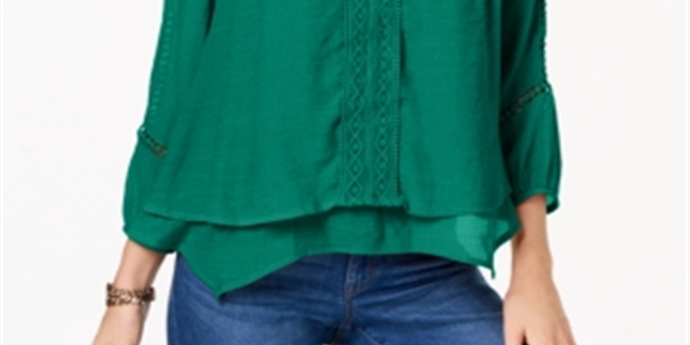 Style & Co Women's Layered Hem Crochet Woven Top Green Size Petite M