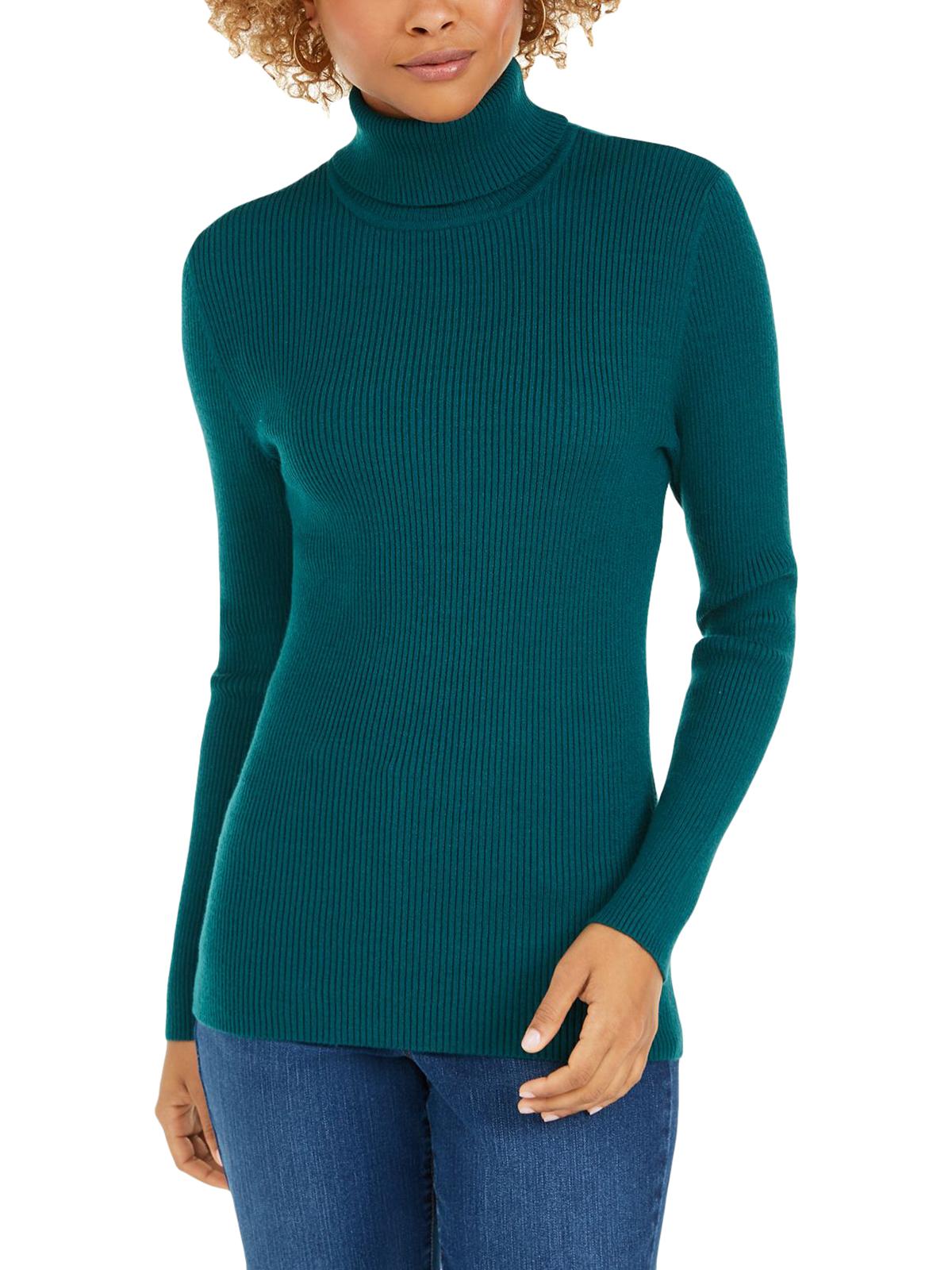 Style & Co Women's Striped Ribbed Turtleneck Top Green Size Small