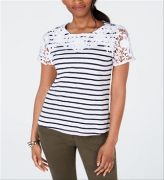 Charter Club Women's Cotton Crochet Striped Top White Size X-Small