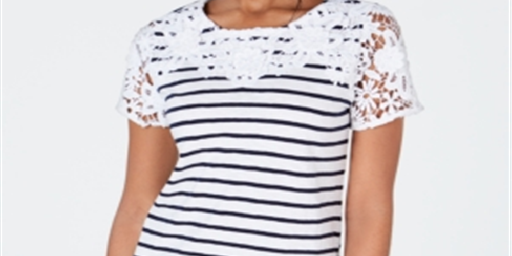 Charter Club Women's Cotton Crochet Striped Top White Size X-Small