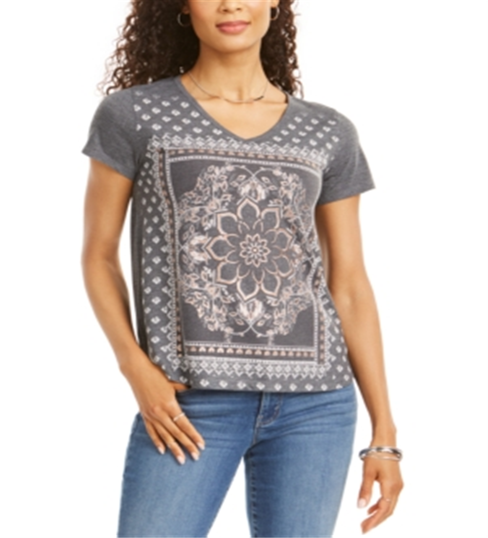 Style & Co Women's Placed Print V Neck T-Shirt Gray Size Petite S