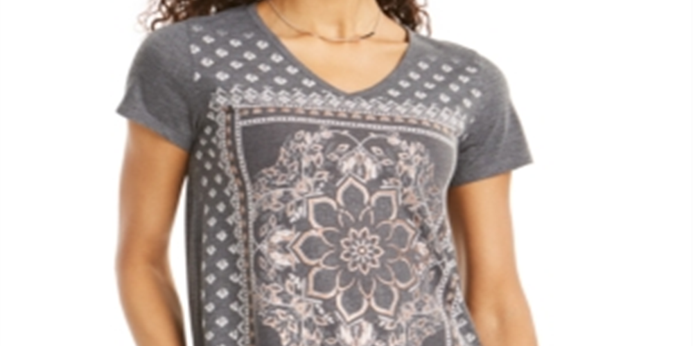 Style & Co Women's Placed Print V Neck T-Shirt Gray Size Petite S
