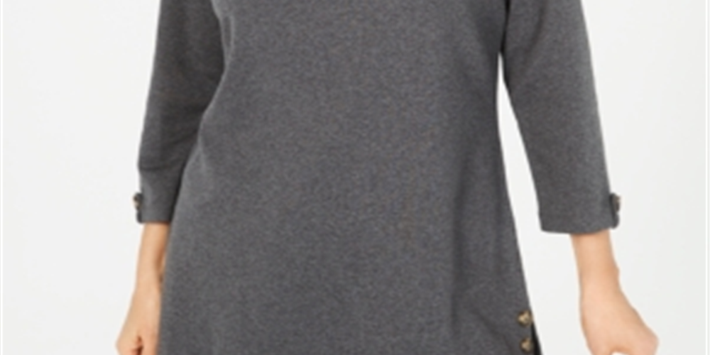Karen Scott Women's Button Side 3/4 Sleeve Cotton Top Charcoal Size Small