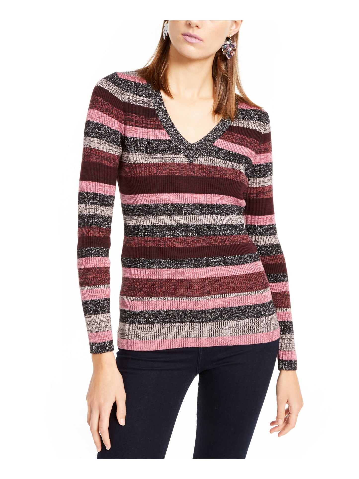 INC International Concepts Women's Color Block Long Sleeve V Neck Sweater Pink Size Petite Small
