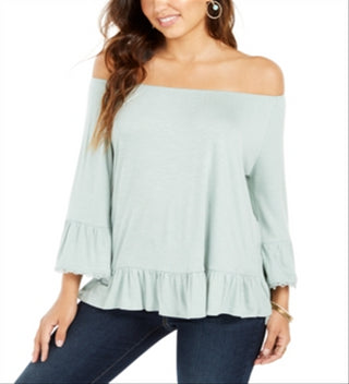 Style & Co Women's Off the Shoulder Ruffled Top Mint Haze Size PP