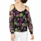 INC International Concepts Women's Shoulder Floral Smocked V Neck Blouse Evening Top Black Size Petite Medium