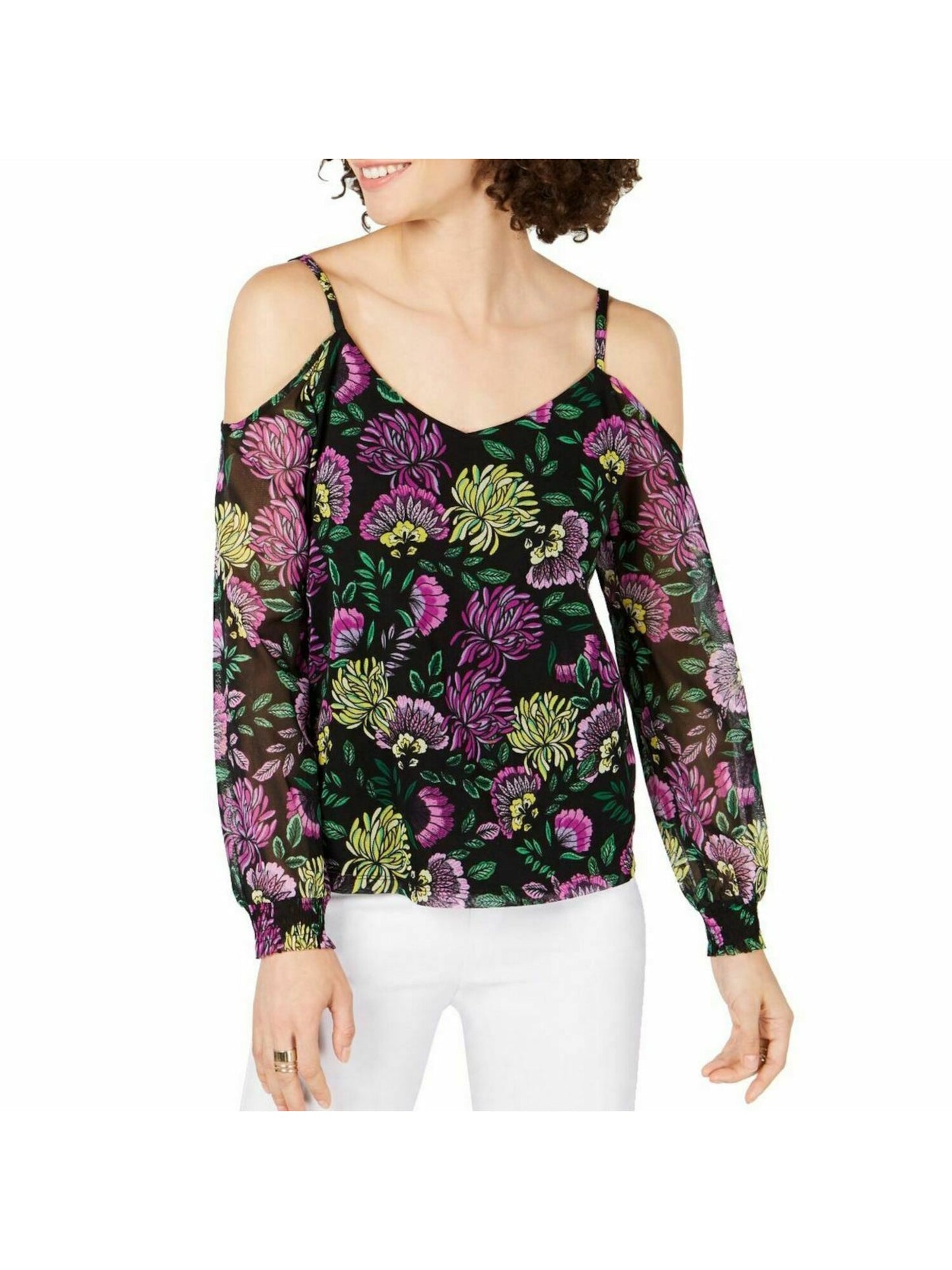 INC International Concepts Women's Shoulder Floral Smocked V Neck Blouse Evening Top Black Size Petite Medium
