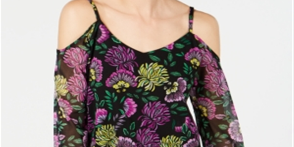 INC International Concepts Women's Shoulder Floral Smocked V Neck Blouse Evening Top Black Size Petite Medium