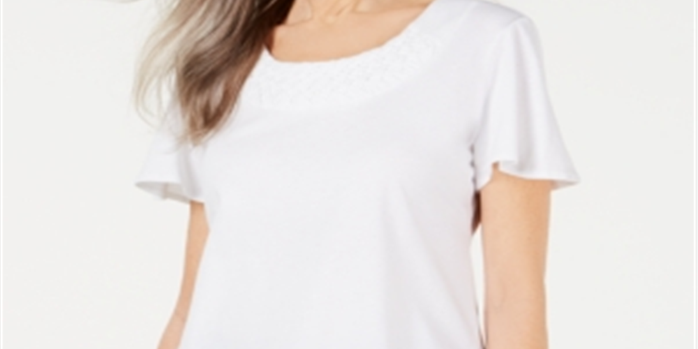 Karen Scott Women's Basketweave Trim Flutter Sleeve Top White Size Large