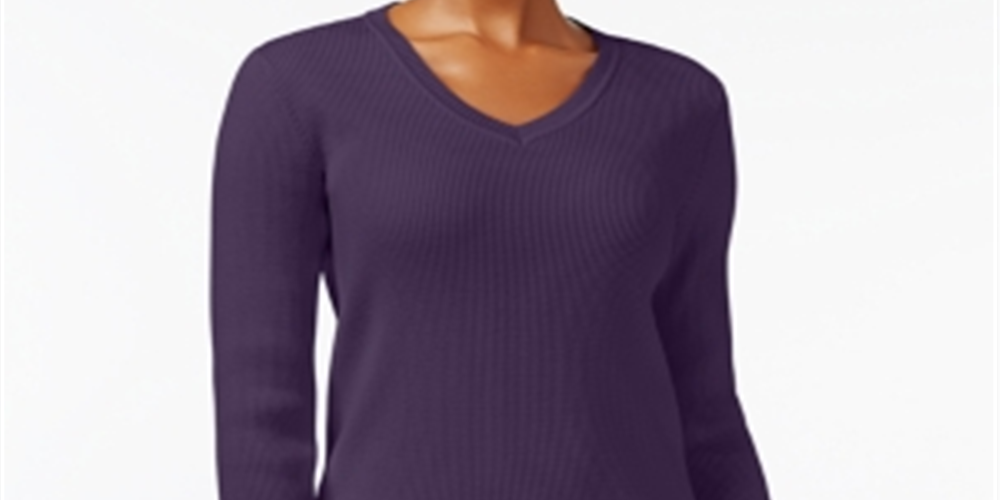 Karen Scott Women's Ribbed Knit Cotton Sweater Purple Size Petite Medium