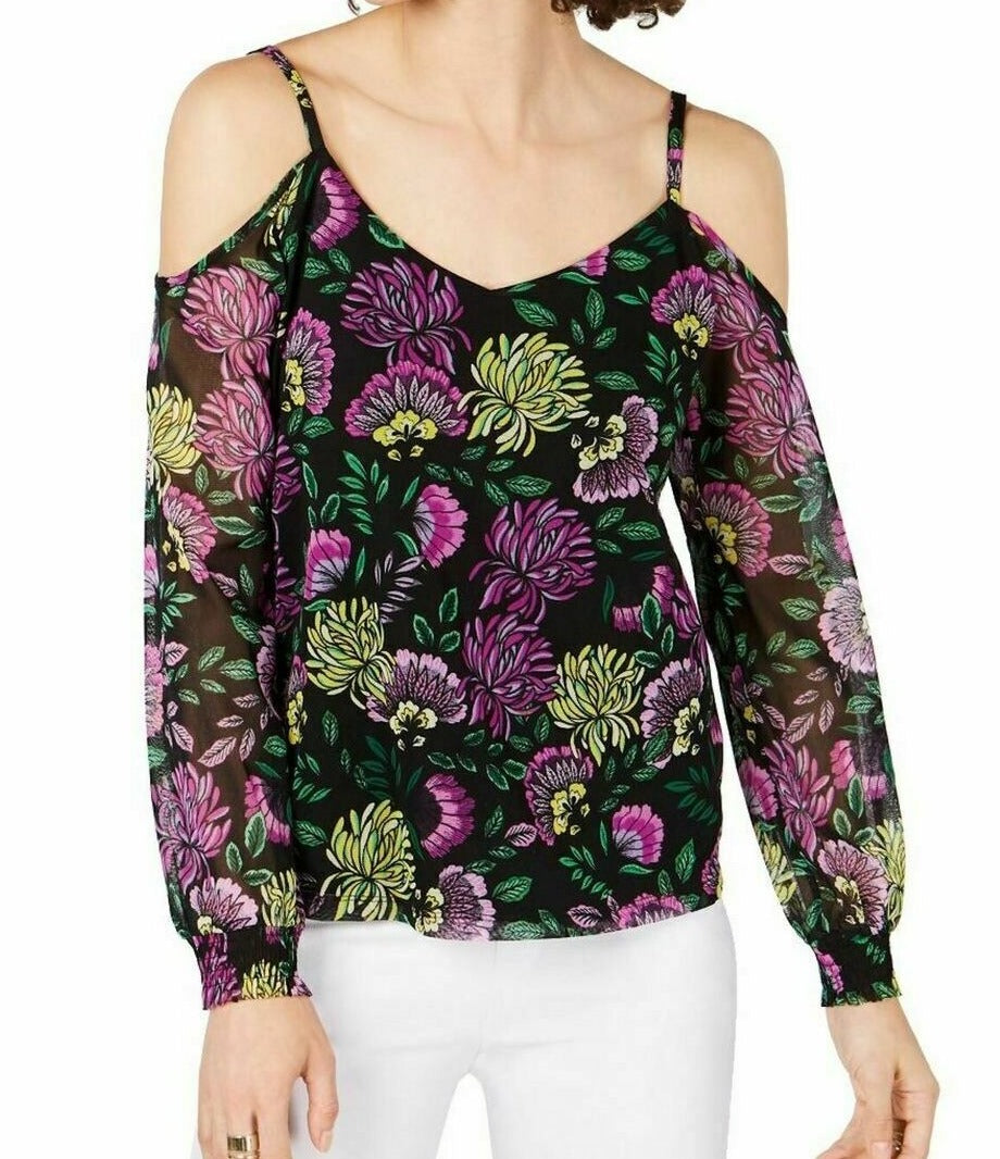 INC International Concepts Women's Cold Shoulder Floral V Neck Blouse Black Size Petite Small
