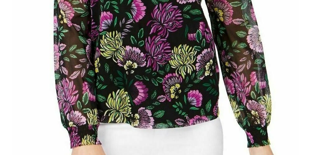 INC International Concepts Women's Cold Shoulder Floral V Neck Blouse Black Size Petite Small