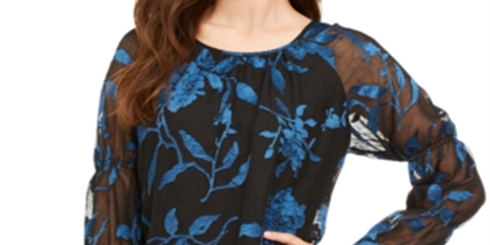 Alfani Women's Velvet Burnout Sheer Sleeve Top Blue Floral Size Medium