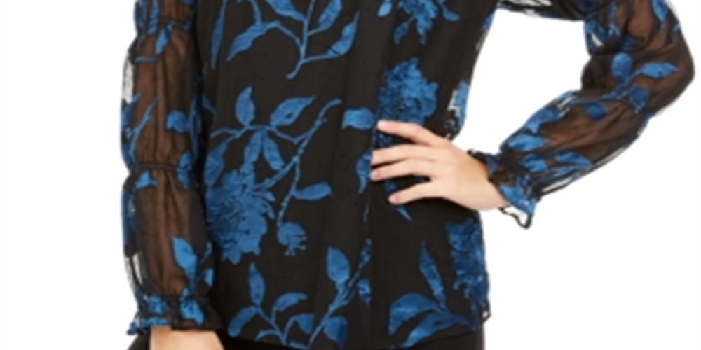 Alfani Women's Velvet Burnout Sheer Sleeve Top Blue Floral Size Medium