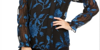 Alfani Women's Velvet Burnout Sheer Sleeve Top Blue Floral Size Medium