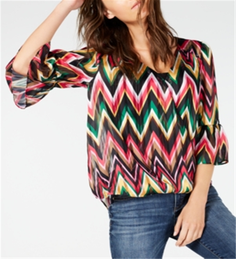 INC International Concepts Women's Zigzag Print Bell Sleeve Top Pink Size Petite S