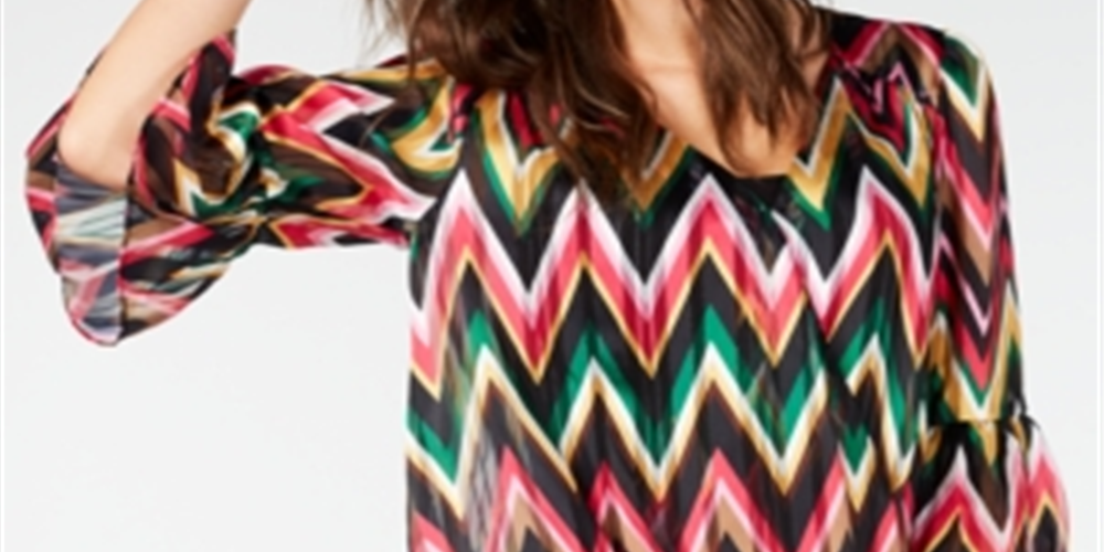 INC International Concepts Women's Zigzag Print Bell Sleeve Top Pink Size Petite S