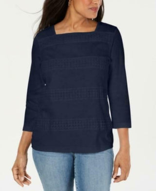 Karen Scott Women's Lace Square Neck 3/4 Sleeve Top Blue Size Petite Small