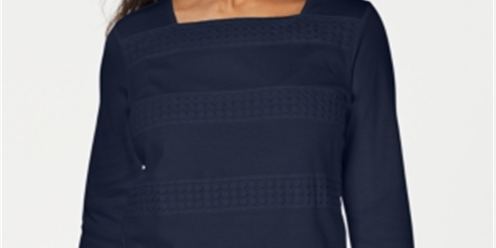 Karen Scott Women's Lace Square Neck 3/4 Sleeve Top Blue Size Petite Small