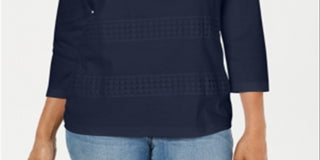 Karen Scott Women's Lace Square Neck 3/4 Sleeve Top Blue Size Petite Small