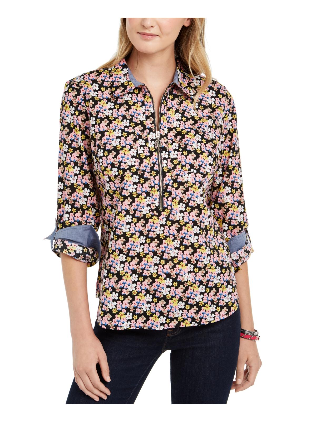 Tommy Hilfiger Women's Floral Zip Neck Blouse Pink Size Small