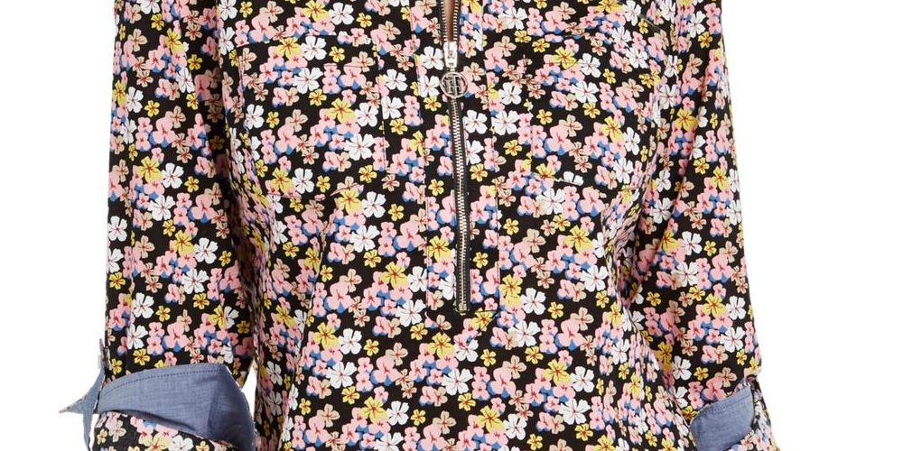 Tommy Hilfiger Women's Floral Zip Neck Blouse Pink Size Small