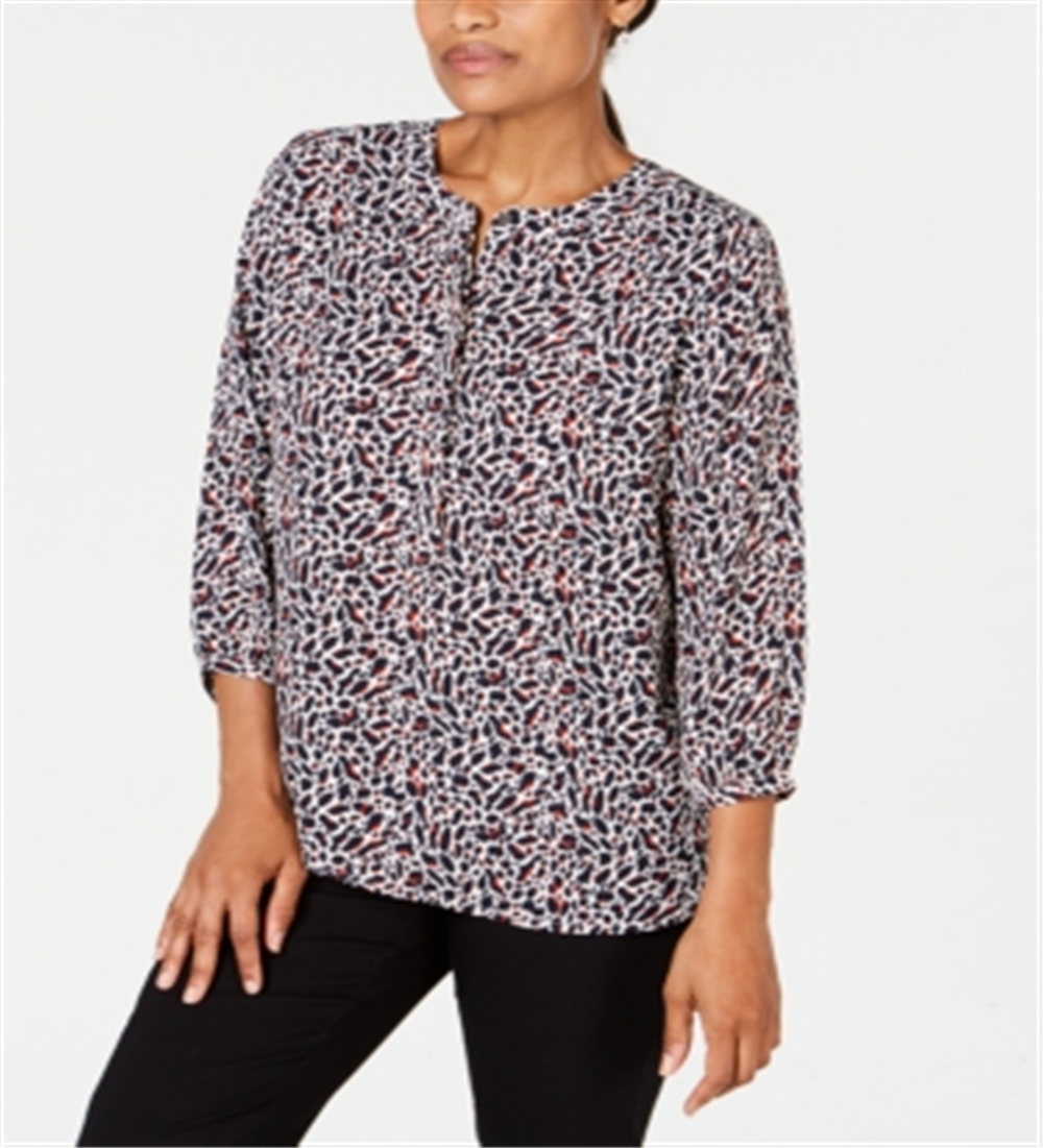 JM Collection Women's Printed Pleated Back Top Blac Leopard Size Petite Medium