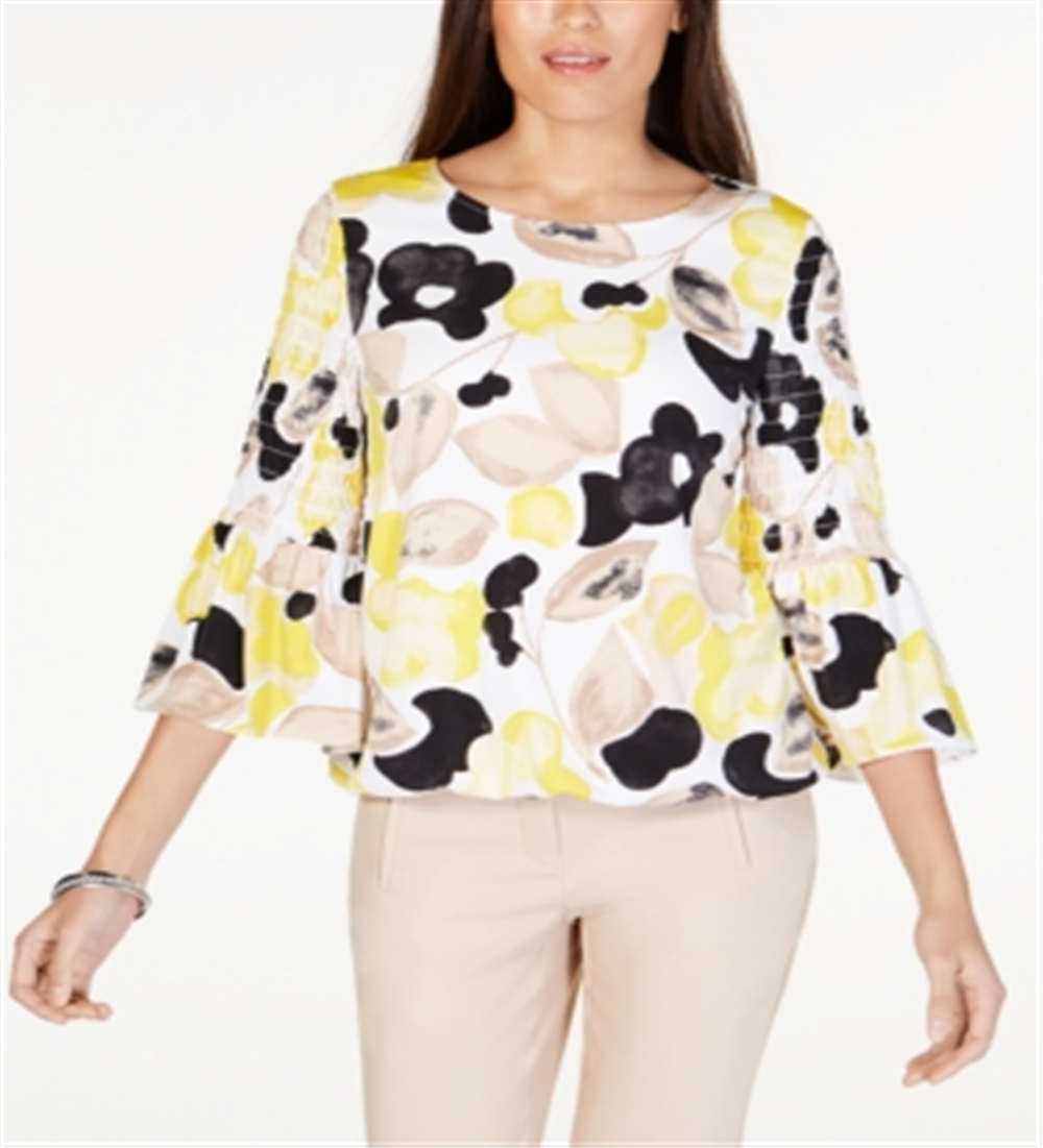 Alfani Women's Printed Smock Sleeve Bubble Top Yellow Size Petite Medium